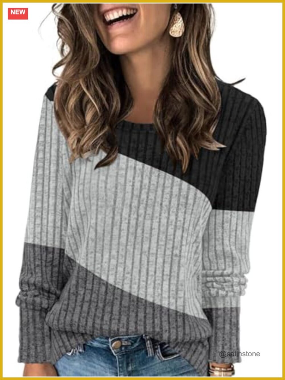 Women's Lightweight Long Sleeve Knit Color Block Crewneck Tunic Sweater